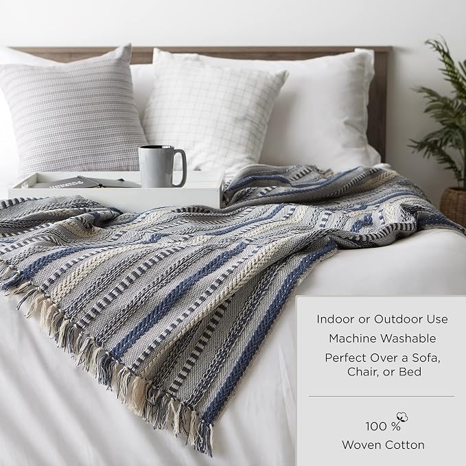 DII Buffalo Check Collection Rustic Farmhouse Throw Blanket with Tassles, 50x60, Navy/Off-White