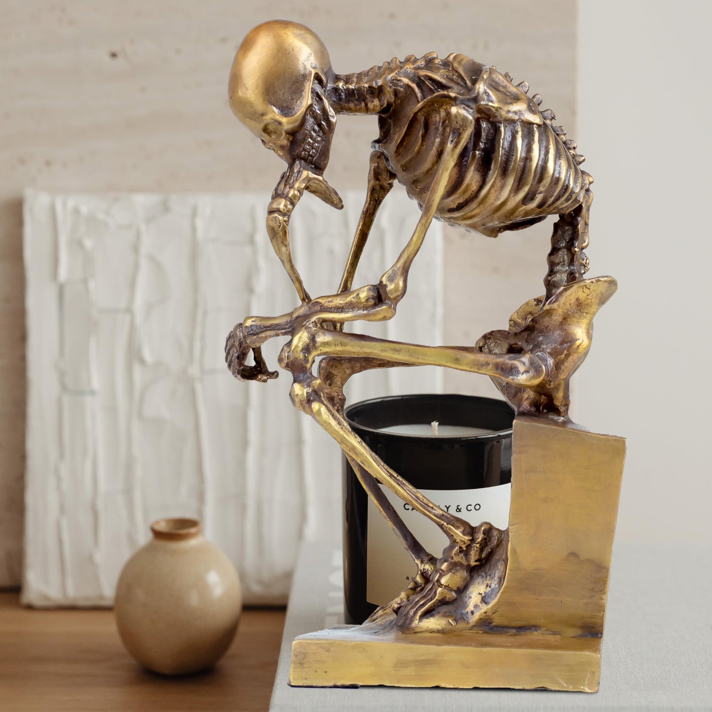 R REALONG Bronze Skeleton Thinker Statues Sculptures Home Decor-8.3" Bronze Abstract Rodin Thinking Halloween Skull Art Decorations (Gold)