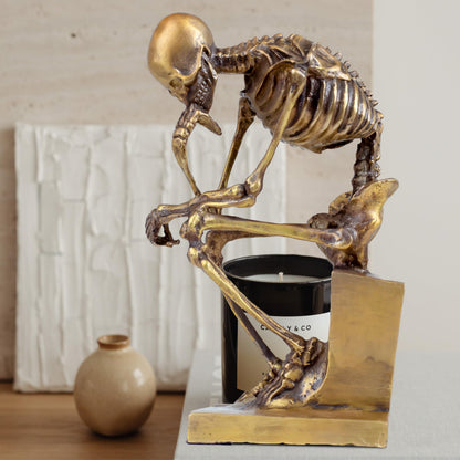 R REALONG Bronze Skeleton Thinker Statues Sculptures Home Decor-8.3" Bronze Abstract Rodin Thinking Halloween Skull Art Decorations (Gold)