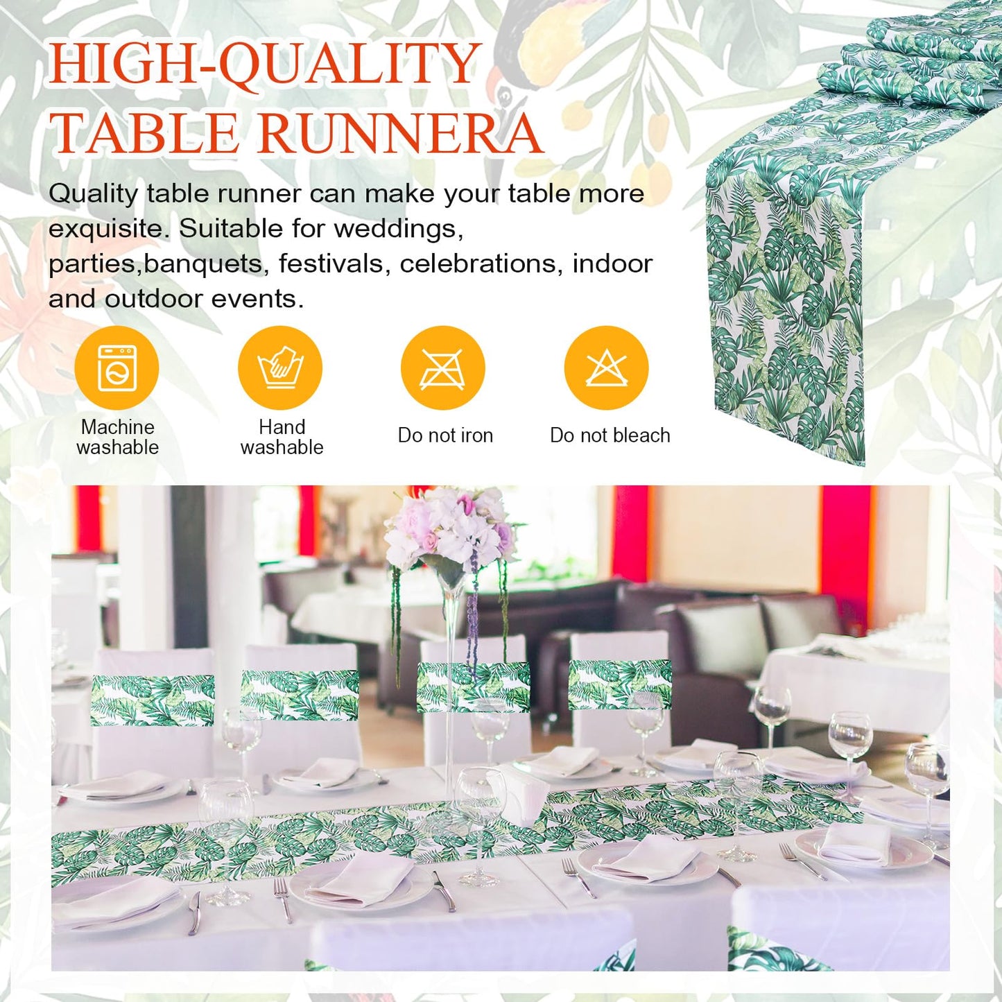 Newwiee 48 Stretch Chair Cover Sashes with 6 Table Runner 6 x 14 Inch Elastic Chair Band Ties 14 x 108 Inch Table Runner for Family Banquet Party Decoration(Hawaiian)