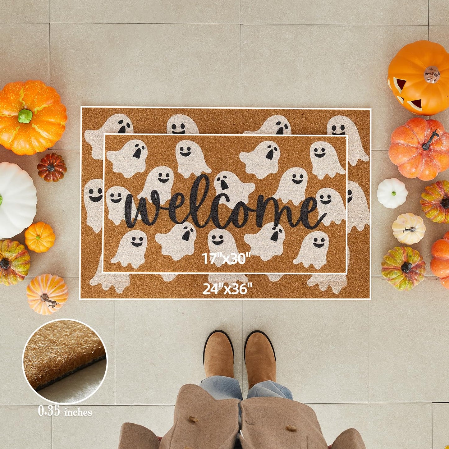 TYUU Halloween Door Mat Spooky Ghost Welcome Mat for Front Door Outdoor Entrance Doormat Coir Dirt Trapper with Non Slip Backing, 17x30, Welcome Ghost