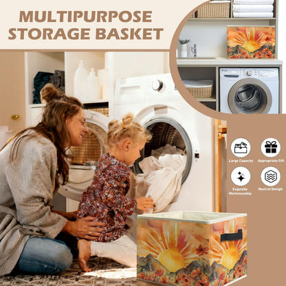 WARDOS Boho Sun Wildflower Storage Bin Box with Handles, Watercolor Mountain Sunset Floral Botanical Foldable Linen Fabric Laundry Basket for Home Bedroom Bathroom Clothes Toys Books