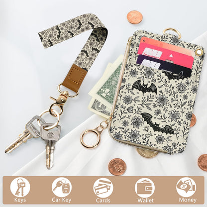 bolimoss Bat Lanyard Wallet Badge Holder PU Leather RFID Keychain Wallet with Breakaway Neck Wristlet Lanyard Zipper Pocket, Slim Credit Card Holder with Key Ring Phone Holder for Teacher Nurse Women