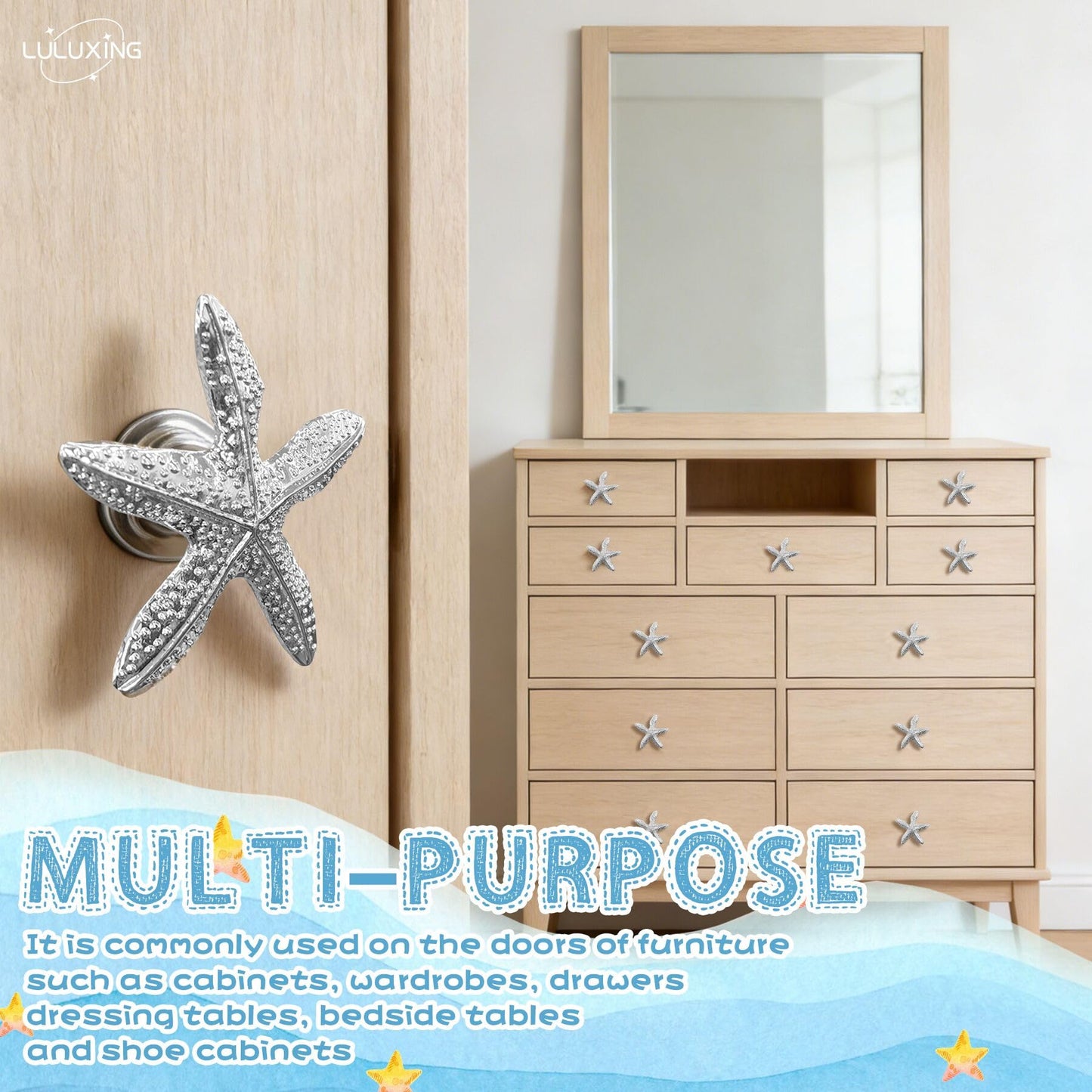 luluxing 6pcs Starfish Dresser Knobs Starfish Furniture Pull Knobs Silver Beach Ocean Theme Handles for Bathroom Kitchen Cupboard Wardrobe Decoration