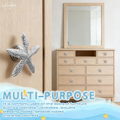 luluxing 6pcs Starfish Dresser Knobs Starfish Furniture Pull Knobs Silver Beach Ocean Theme Handles for Bathroom Kitchen Cupboard Wardrobe Decoration