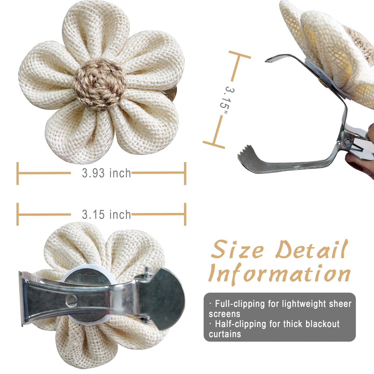 Curtain Tie Backs for Curtain Drapes, Boho Decor Holdback Clamp Farmhouse Tiebacks Clips with Flower for Sheer Curtains, Shabby Chic Drapery Holder, Pack-2