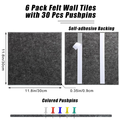Large Cork Board 36" x 24", 6 Pack Felt Bulletin Board with 30 Pushpins, Cork Boards Alternative with Self-Adhesive Strips, Felt Wall Tiles Pin Boards for Walls Office Home School Decor-Dark Gray