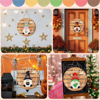 Seasonal Gnome Wall Decor Set, 11.8 inch Wooden Round Sign with Interchangeable Holiday Hats, Welcome Door Hanging (Delicate)