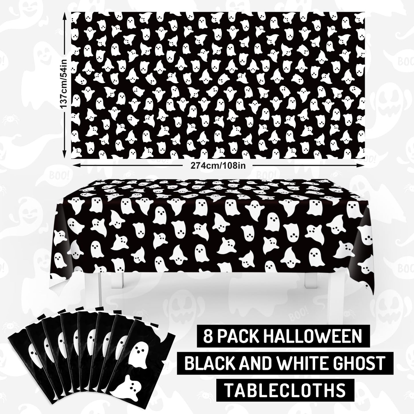 JarThenaAMCS 8 Pcs Halloween Plastic Tablecloths White Black Ghost Disposable Table Cover Spooky Rectangle Table Cloth for Trick or Treat Party Decor, 54 x 108 Inch