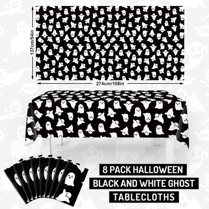 JarThenaAMCS 8 Pcs Halloween Plastic Tablecloths White Black Ghost Disposable Table Cover Spooky Rectangle Table Cloth for Trick or Treat Party Decor, 54 x 108 Inch
