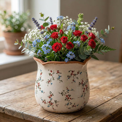 behen bahen Vintage Ceramic Planter Pot with Drainage Holes, Green Floral Design, 6.11 Inch, Distressed Tuscan Style, Indoor Plant Pot and Vase (Small Red Blooms)