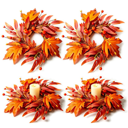 4 Pcs Mini Fall Wreaths Thanksgiving Table Centerpieces Fall Candle Rings 9 Inch Maple Leaf Wreaths for Cabinets Farmhouse Autumn Wreath for Front Door Porch Wall Window Decorations