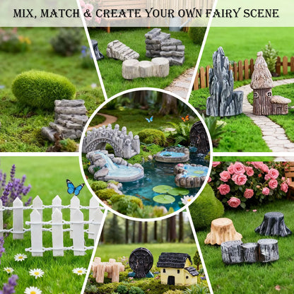 VerdantVibes 21-Piece Fairy Garden Kit with Mini Bridge, Waterwheel & Tree Stump Piers - Woodland Pond Decor Set for DIY Craft, Indoor/Outdoor Garden Accessories