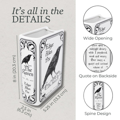 Steel Mill & Co Original Large Book-Shaped Decorative Vase, Ceramic Vases for Home Decor, Gothic Bookshelf Decor, Unique Vase for Book Lovers (The Raven - White)