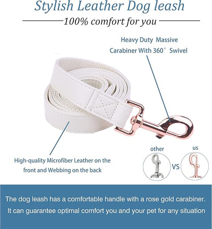 Dog Collar and Leash Set.Soft and Easy to Clean Vegan Leather with Rose Gold Metal Buckle for Small Medium Large Dogs (Off-White, L(15.4”-24.8“)