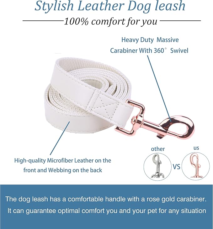 Dog Collar and Leash Set.Soft and Easy to Clean Vegan Leather with Rose Gold Metal Buckle for Small Medium Large Dogs (Off-White, M(13.8"-19.7"))