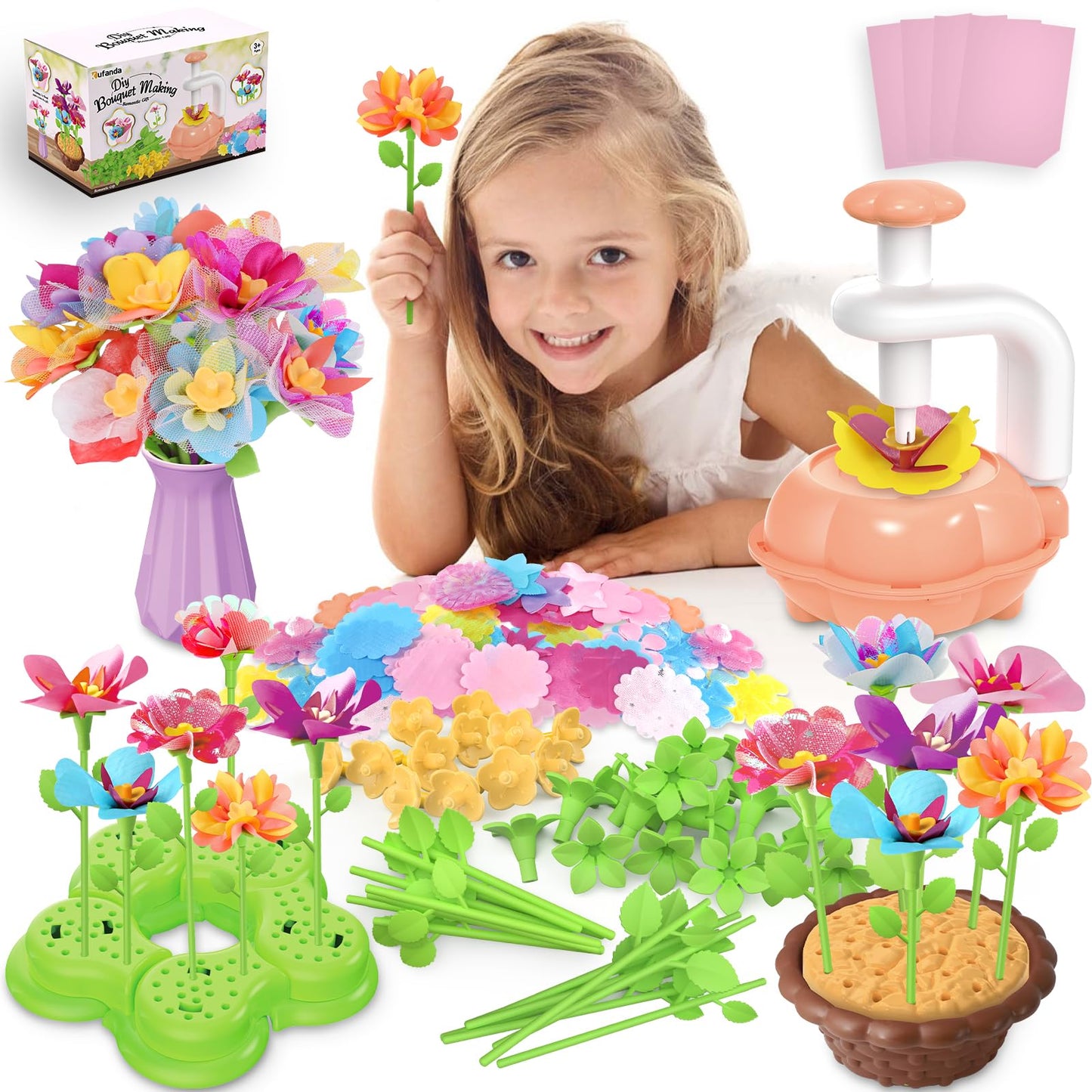 Kufanda 222 Pcs DIY Flower Bouquet Making Kit for Kids Ages 4-8 — Fabric Flower Craft Set with Embossing Machine, — Screen-Free STEM Educational Gift for Girls, Granddaughter Birthday Christmas