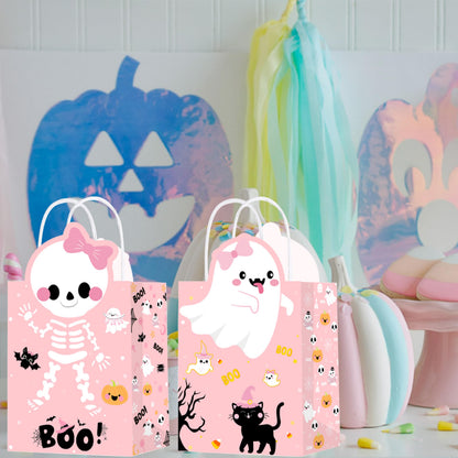 C L cooper life Halloween Party Tote Gift Bags with Handles 12pcs Pink Halloween Ghost Skull Candy Goodies Bags for Girls Ghost Bat Pumpkin Themed Trick or Treat Party Favor Supplies