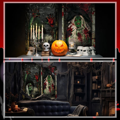 Newwiee 2 Pcs Scary Halloween Curtain Window Silhouette Cover Decoration Theme Poster for Indoor Outdoor Party Wall Door(Witch)