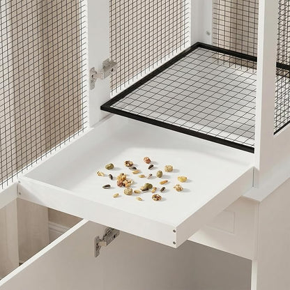 Modern White Tall Bird Cage with Storage Cabinet & Drawer, Elegant Flight Parrot Cage with Slide-Out Tray, Stylish Safe Bird Cages House for Parakeets, Cockatiels, Finches