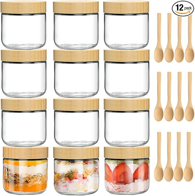 TBWIND 12 Pack 10oz Glass Jars with Bamboo Lids, Spoons, Airtight Overnight Oats Containers, Salad & Yogurt Storage, Mason Jars for Snacks, Spices, Meal Prep – Reusable
