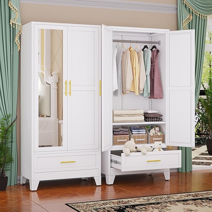 GAIOUS Steel Armoire WardrobeCloset with Mirror Door and Drawer 71" White | Household Wardrobe Cabinet with Hanging Rod, Metal Clothing Storage Cabinet with Adjustable Shelf for Bedroom, Cloak, Gym