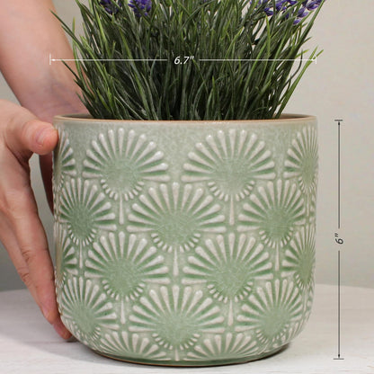 Xiaan Jiaju Boho Embossed Ceramic Flower Pot, 6.7 Inch Contemporary Pots for Indoor Plants, Scandinavian Decorative Glazed Planter with Fan Pattern, Mint Green