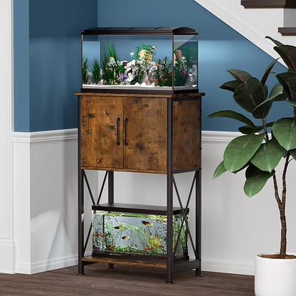 Herture 5-10 Gallon Fish Tank Stand, Metal Double Aquarium Stand with Cabinet for Fish Tank Accessories Storage, Heavy Duty 20.5" L* 11.02" W Tabletop, 500LBS Capacity Rustic Brown and Black PG06YGN