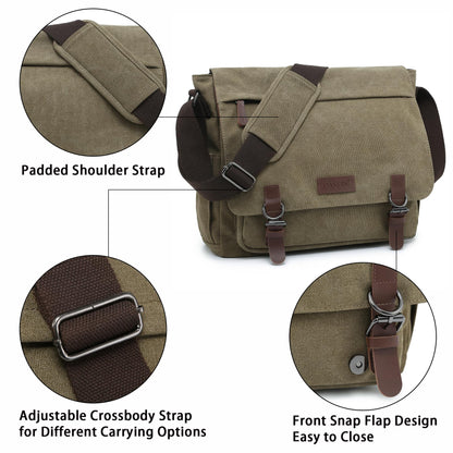 Dasein Large Vintage Canvas Messenger Shoulder Bag, Army Green, 15in Laptop Capacity