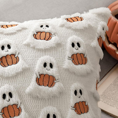 MIULEE Halloween Pillow Covers Decorative Fall Cute Ghost Plush Faux Fur Pillows 20x20 Inch Set of 2 Soft Pumpkin Accents for Sofa Couch Bed Living Room Festive Home Decor, White Rust
