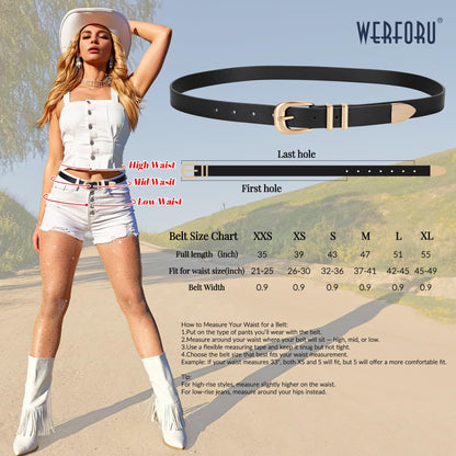 WERFORU Women Leather Belt Fashion Leather Waist Belt for Pants Jean Ladies Western Thin Belt with Gold/Silver Buckle （Fit Waist Size 31"-36",Black-Gold Buckle