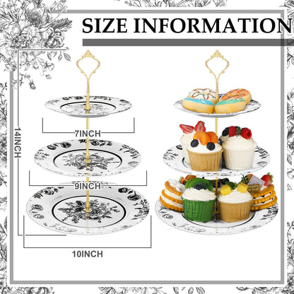 Lallisa Black Floral 3 Tier Dessert Stand 10", 9" and 7" Ceramic Vintage Chinoiserie Tea Party Tiered Tray Cake Stand Display Holder Tower for Halloween Wedding Baby Shower Bridal Shower Tea Party