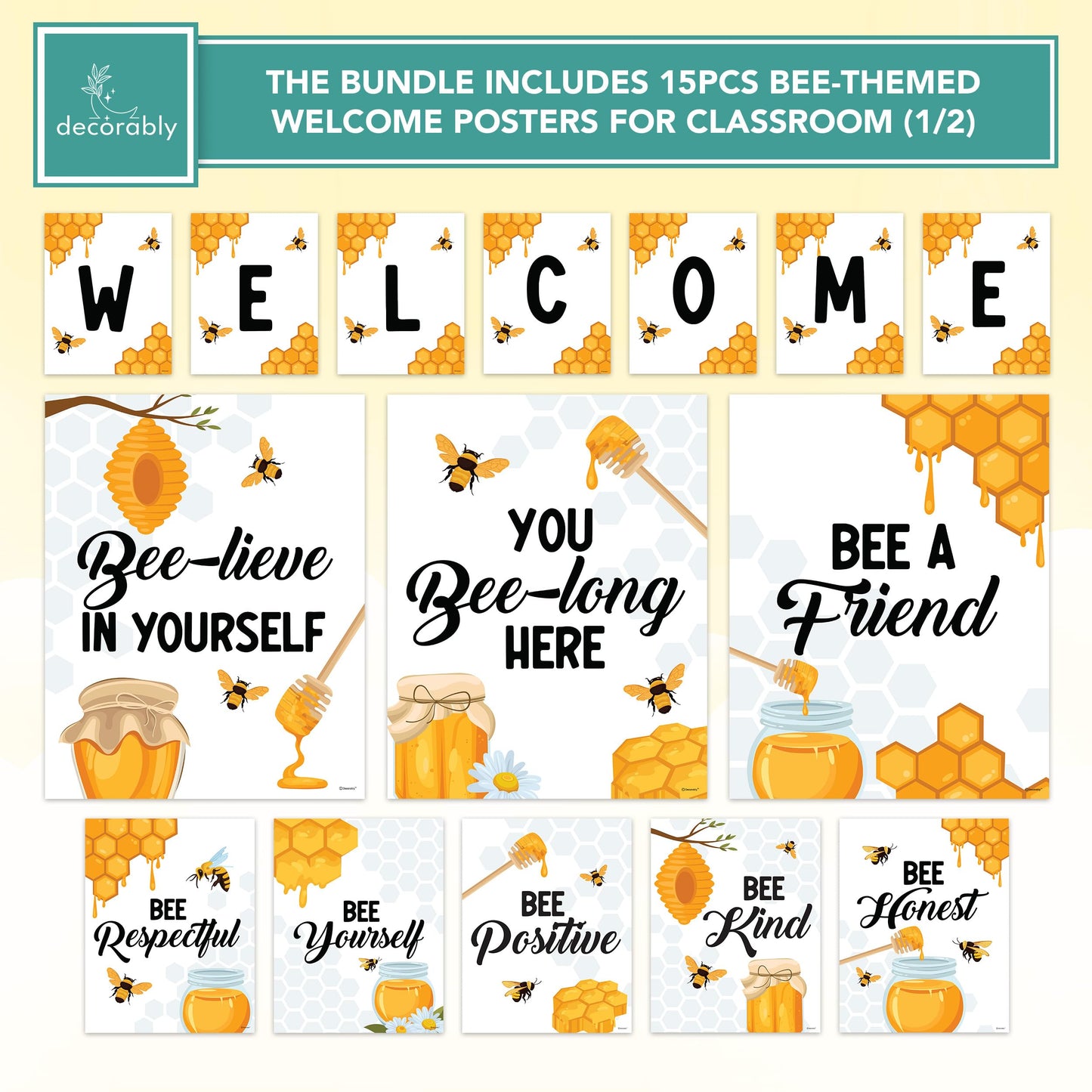 Decorably Bee-Themed Welcome Posters and Bulletin Board Decorations Set for Classroom