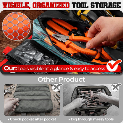 ZICANYCO Roll Up Tool Bag, Heavy Duty See-Through Tool Roll Organizer with 2 Detachable Pouches, Portable Mechanic & Motorcycle Tool Bag, Birthday & Father’s Day Gift, Red
