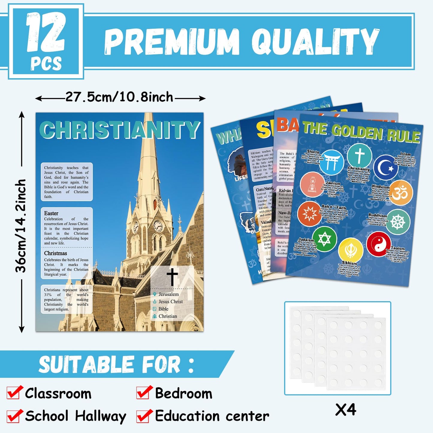 12Pcs World Religious Posters Educational Social Studies Classroom Decoration The Golden Rule Posters Cultural Diversity Wall Art Prints for Students Teacher Middle High School Library Homeschool