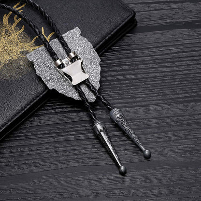 joymiao Leather Bolo Tie Vintage Adjustable Cowboy Neck with Round Silver Pendant Handmade Western Cow Skull Design Necktie