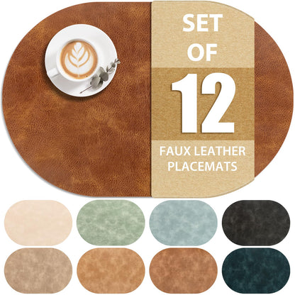 ADRIMER Placemats, Heat Resistant Oval Placemats Set of 12 Washable 12 x 17 Inch, Waterproof Table Mats, Wipeable Pu Place Mats for Kitchen, Dining Room, Turmeric Brown