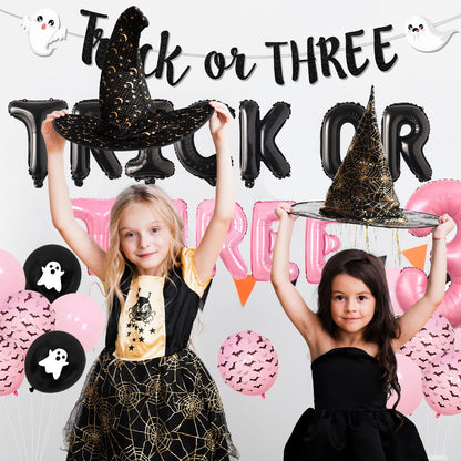 Pink Trick or Three Theme Halloween 3rd Birthday Party Decorations Trick or Three Foil Balloon Banner Garland Halloween Theme Cake Cupcake Toppers for Halloween Three Birthday Party Decor Supplies