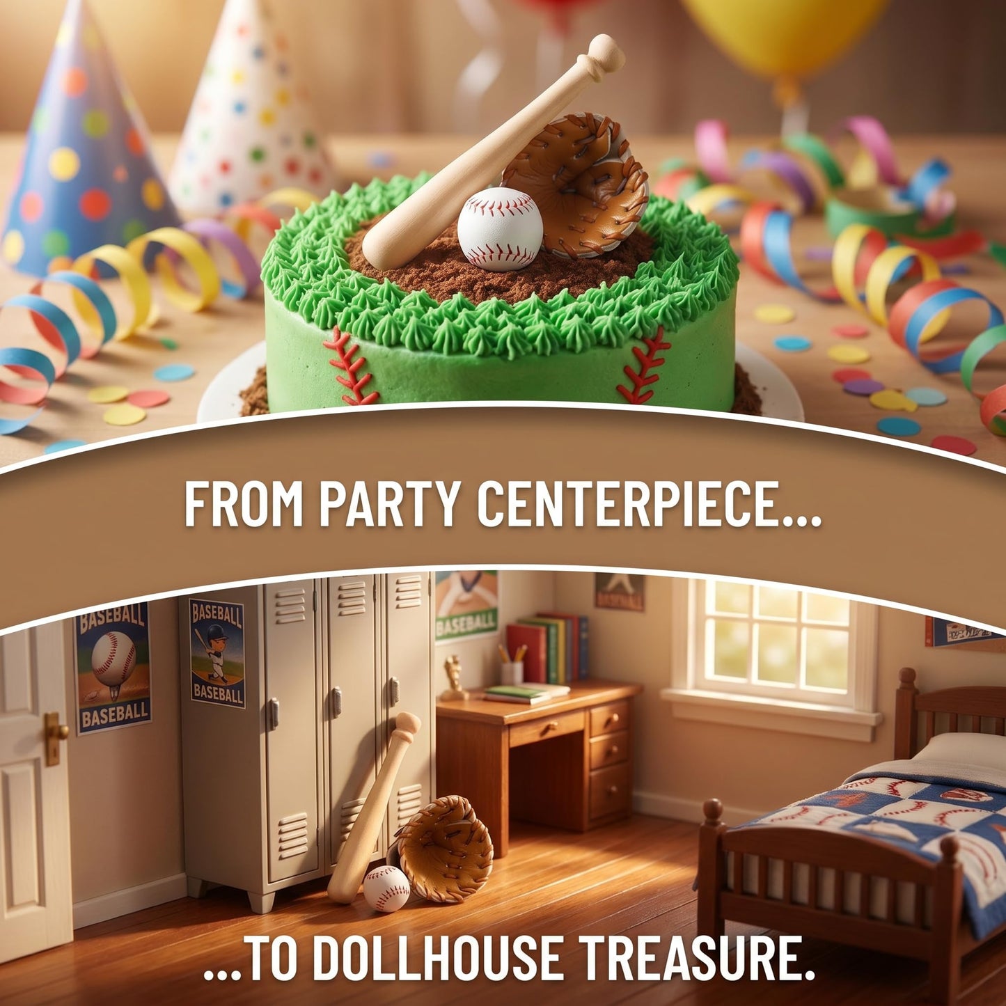 Toyvian Miniature Baseball Bat: Baseball Cake Topper, Light Brown Mini Dollhouse Glove and Ball Set Decorations - Wooden & Leather Cake Topper for Kids Mini House Party Favors(2.95X0.39X0.39in)