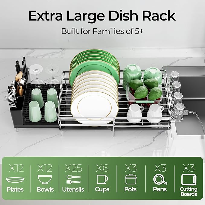 Large Dish Drying Rack, Expandable Dish Rack, Stainless Steel Anti-Rust Dish Racks for Kitchen Counter, Multifunctional Dish Drainer with Utensil Holder & Cup Holder, 13.4"-28.7" L x 11.8" W