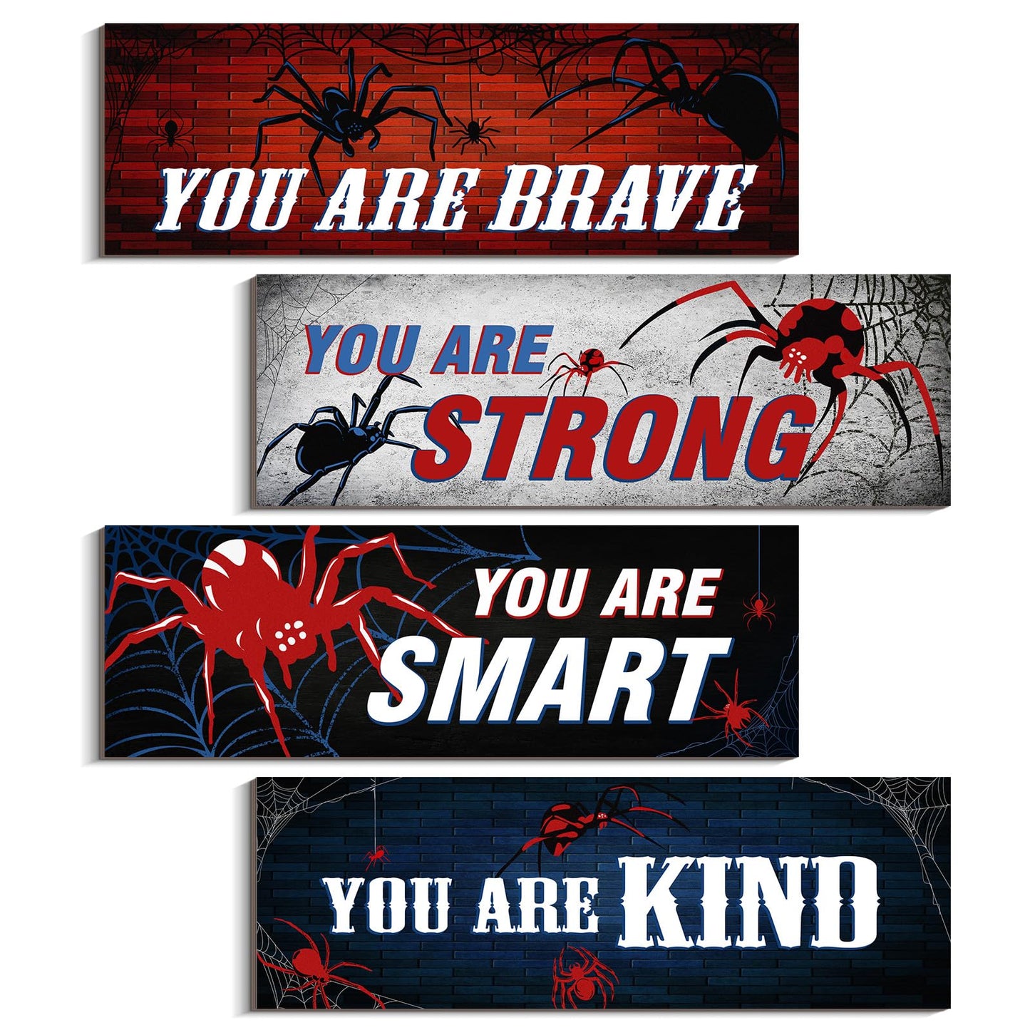VGICH Wooden Spider Wall Art Set of 4, Inspirational Wood Wall Decor for Kids Room, Playroom, Man Cave, Bedroom 12x4 inches
