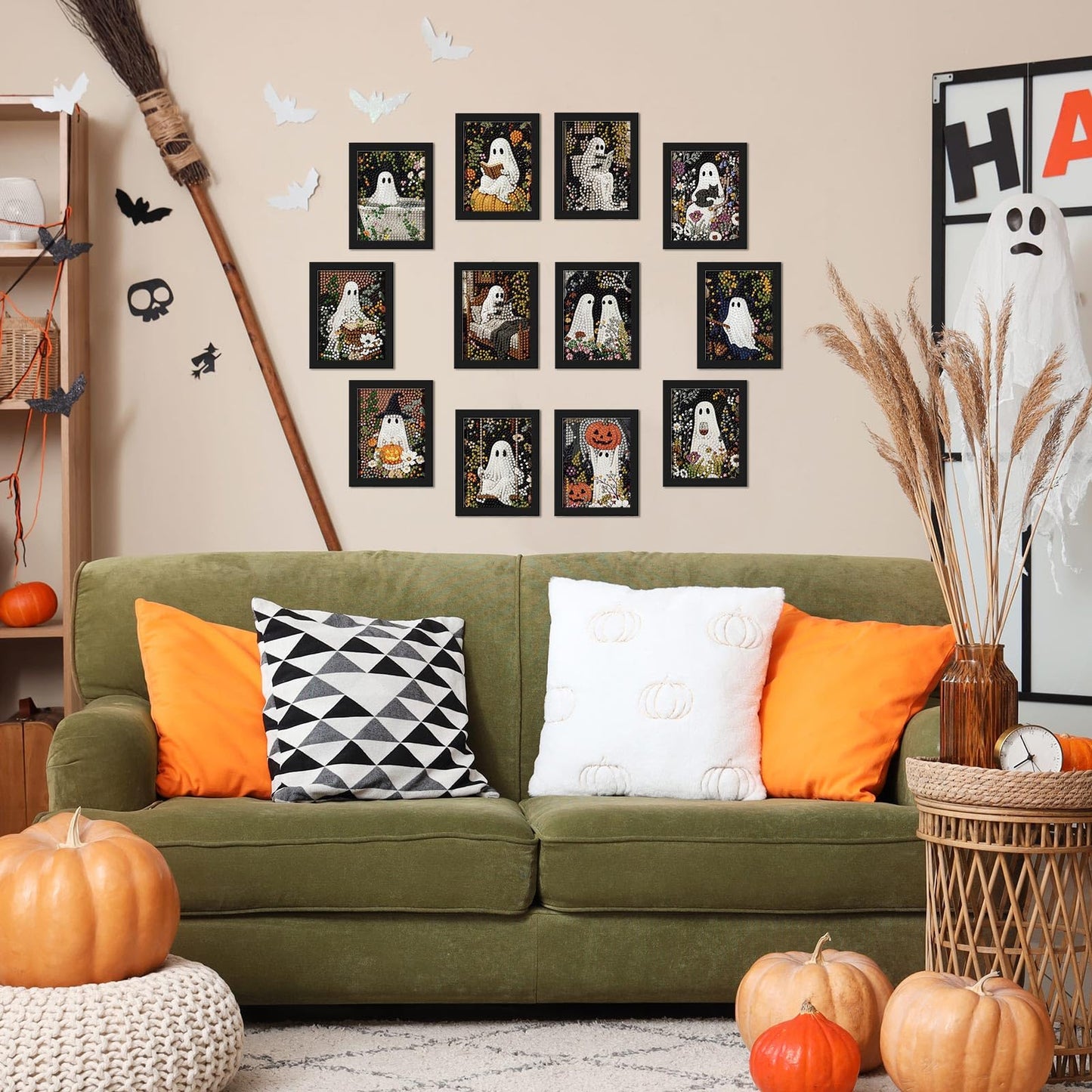Saillong 24 Pcs Halloween Mini Diamond Art Kits for Adults Beginners DIY Spooky Ghost Pumpkin Small Diamond Painting Kits Full Paint Drill with Gem Art Painting for Home Decor 5.12x3.94 Inch