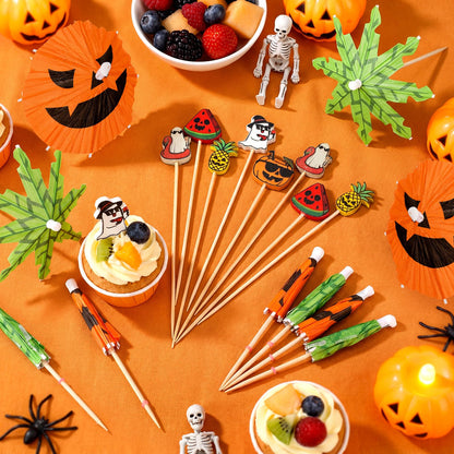 Remerry 160 Pcs Summer Halloween Cocktail Drink Accessories 60 Drink Umbrellas Straws Toothpicks 100 4.7 Inch Fruit Toothpicks Pumpkin Ghost Halloween Tropical Luau Hawaiian Beach Party Decorations