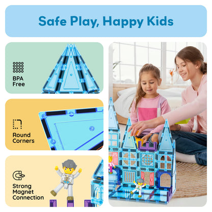PicassoTiles 72 Piece Magnetic Building Tiles Castle Winter Ice Theme Construction Magnet Block Set with Princess Prince Character Stairs Windows Doors STEM Learning Educational Toy Kids Ages 3+ PT72