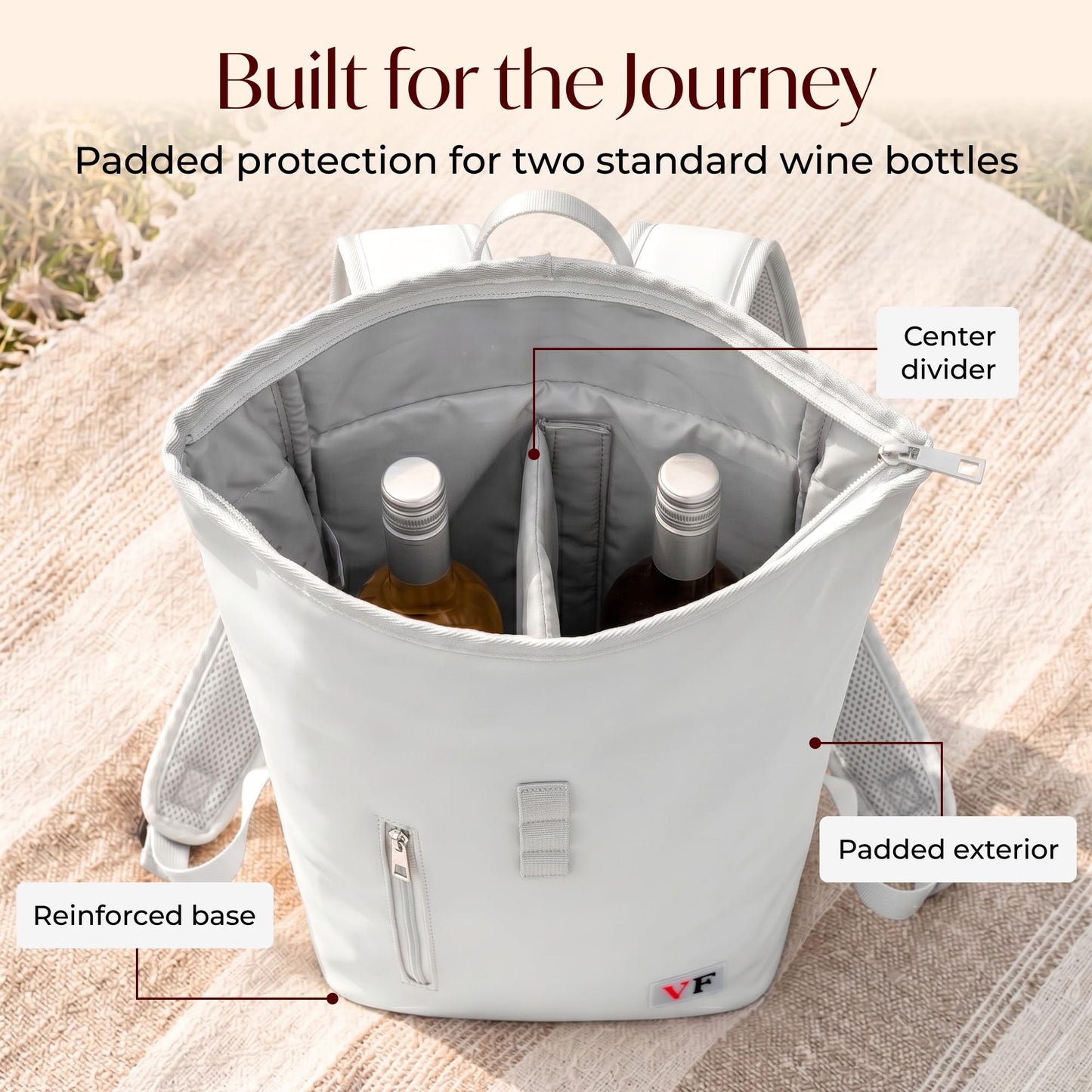 VIN FRESCO Two Bottle Rolltop Wine Tote Bag – Stylish PU Leather Backpack with Matching Tumblers – Wine Carrier with Padded Straps and Compartments for Travels & Picnics (Gray)