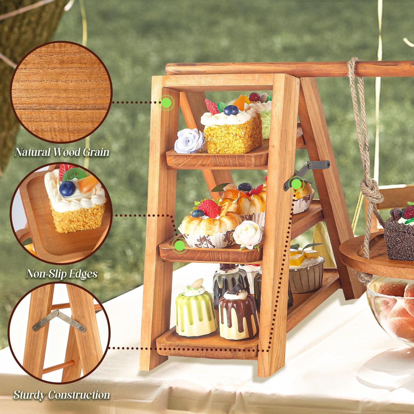 Wisreach Wooden 3 Tier Cupcake Stand, Rustic Cupcake Display Stand for Dessert Table, Foldable Serving Tray Tower for Party, Wedding, Birthday, Baby Shower, Holiday Events