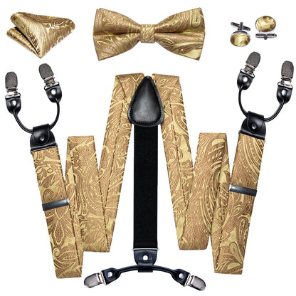 Barry.Wang Suspenders and Bow Tie Set for Men Solid Paisley Bowtie Y Shape Brace Handkerchief Cufflinks 6 Strong Clips