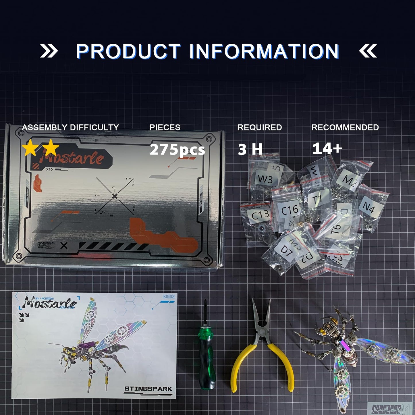 MOSTARLE 3D Metal Puzzle Kit, StingSpark Mechanical Wasp Model, 275 Pieces Cyberpunk Insect Building Set with Iridescent Wings, DIY Science Project for Adults and Teens
