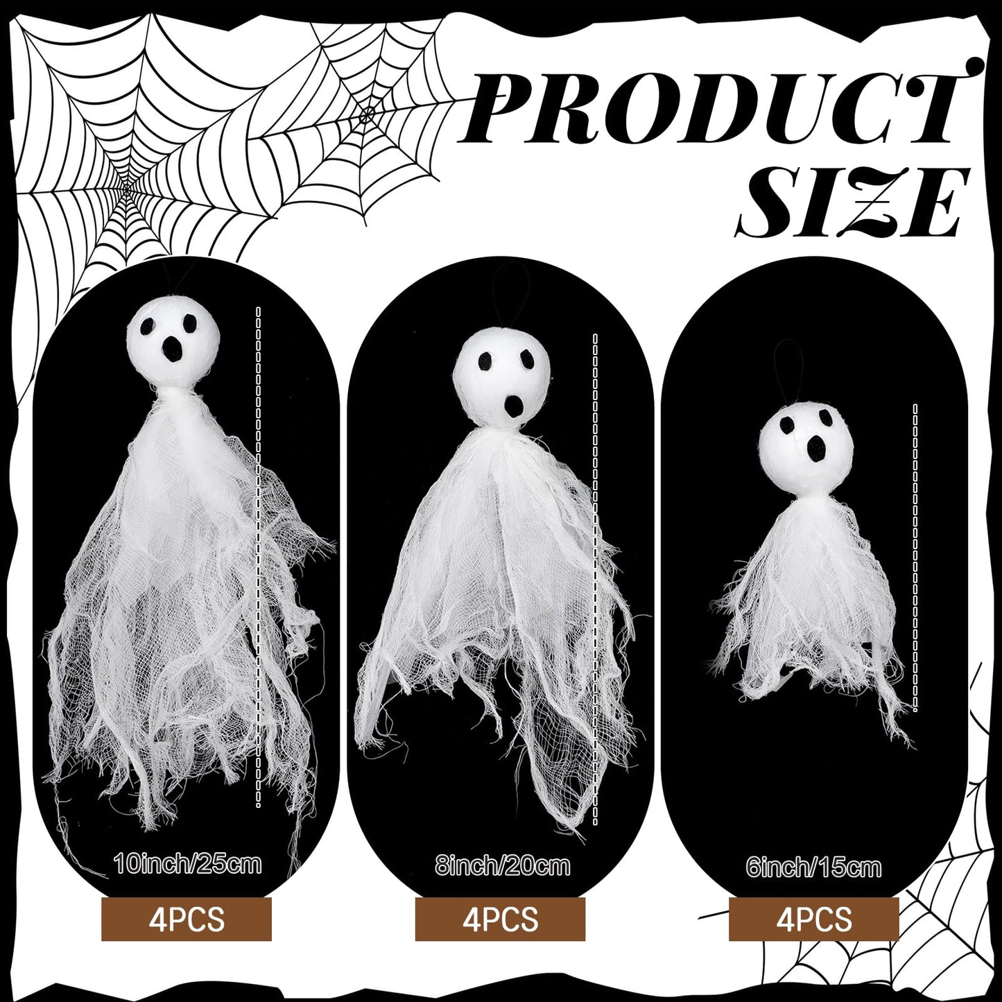 Soulchen 12 Pcs Halloween Hanging Ghosts Decor 10"/8"/6" Primitive Specter Decorations with Eyes for Ghost House Party Supplies Garden Tree Decor Gifts(White)