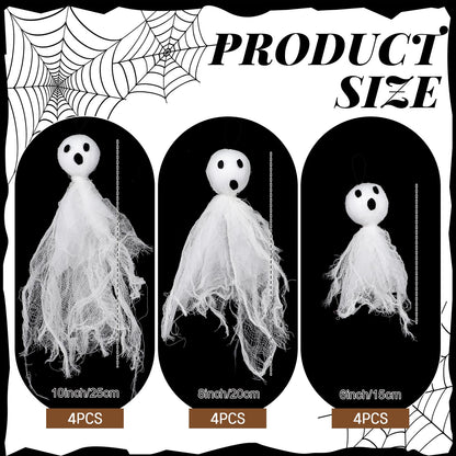 Soulchen 12 Pcs Halloween Hanging Ghosts Decor 10"/8"/6" Primitive Specter Decorations with Eyes for Ghost House Party Supplies Garden Tree Decor Gifts(White)